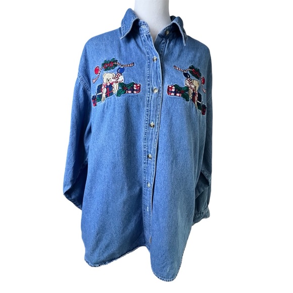 Bobbie Brooks Vintage Embroidered Christmas Bears Long Sleeve Button Up Size XL - Picture 2 of 12